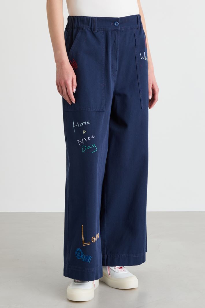 Embroidered wide leg trousers - BLUE - Intrend - 2