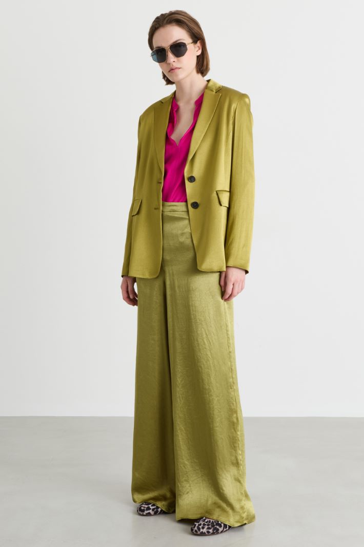 Wide-leg crinkle satin trousers - GREEN - Intrend