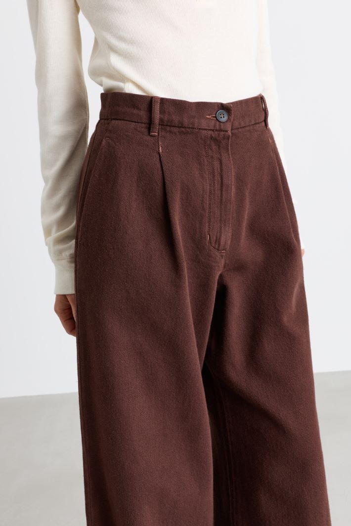 Wide-Leg Stretch-Cotton Bull Trousers - BROWN - Intrend - 3