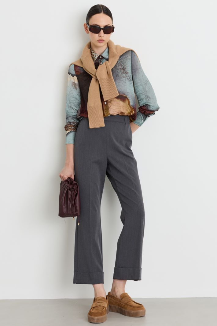 Flared Gabardine Trousers with Turn-Ups - GREY - Intrend