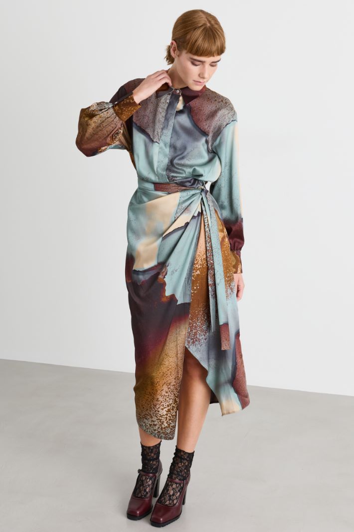 Side-tie twill dress - LIGHT BLUE BROWN - Intrend - 2