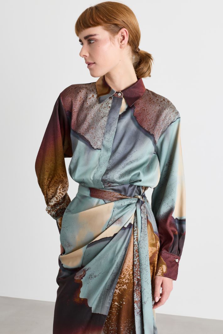 Side-tie twill dress - LIGHT BLUE BROWN - Intrend - 3