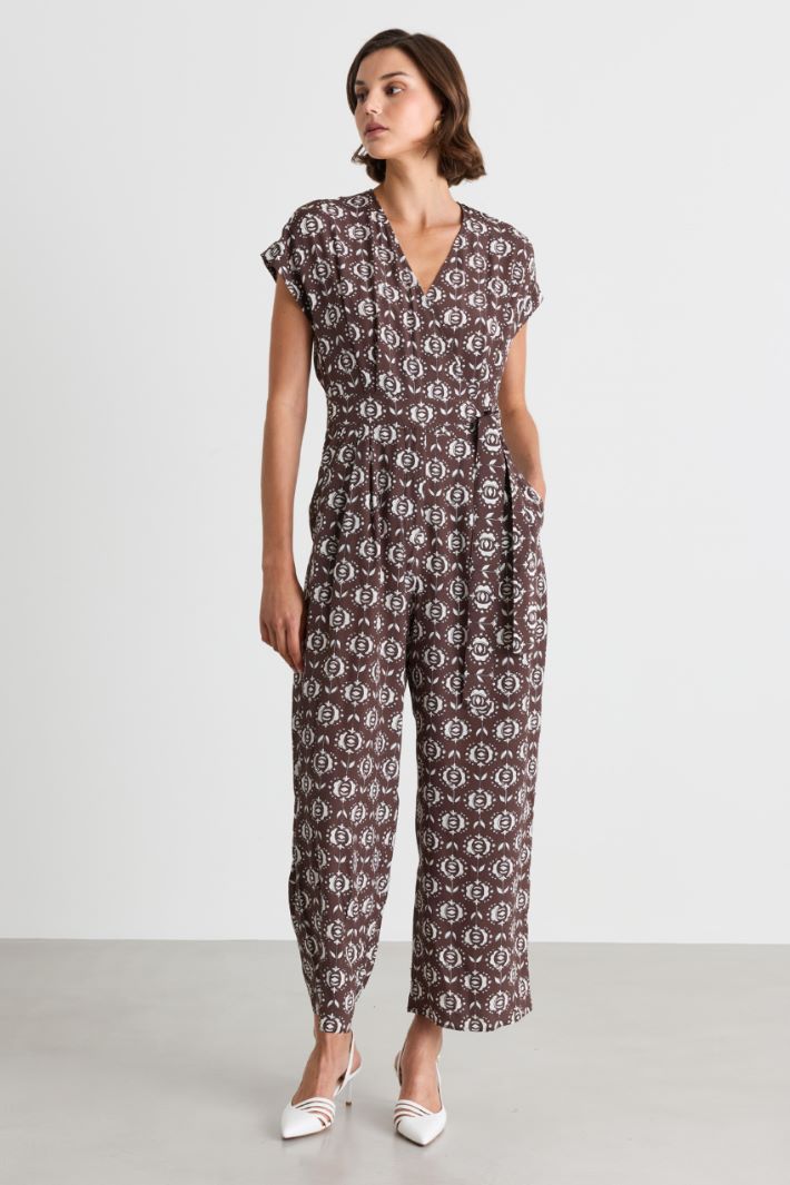 Cropped crepe de chine jumpsuit - BROWN - Intrend - 2
