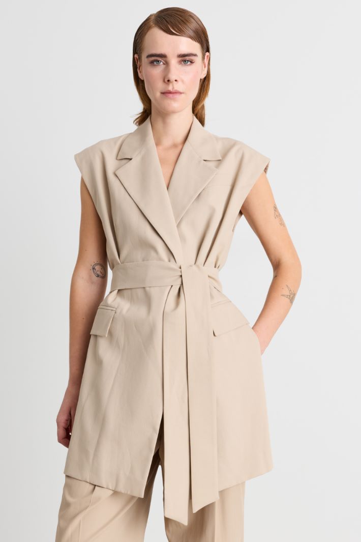 Belted Sleeveless Blazer - BEIGE - Intrend - 2