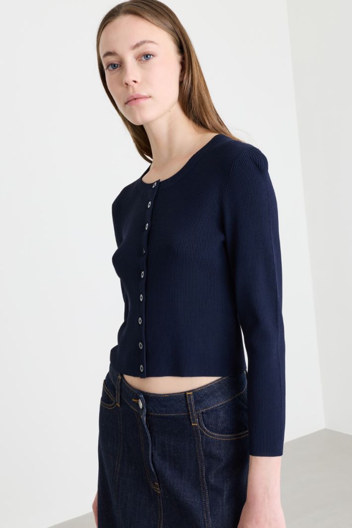 Fitted Button-Through Cardigan - BLUE - Intrend - 3