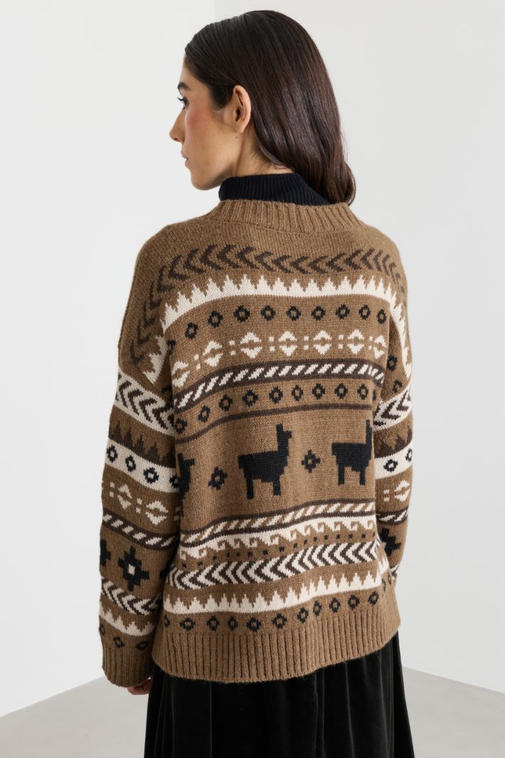 Oversized jacquard cardigan - BROWN WHITE BLACK - Intrend - 4