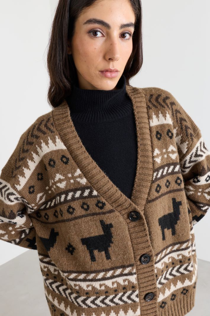 Oversized jacquard cardigan - BROWN WHITE BLACK - Intrend - 3