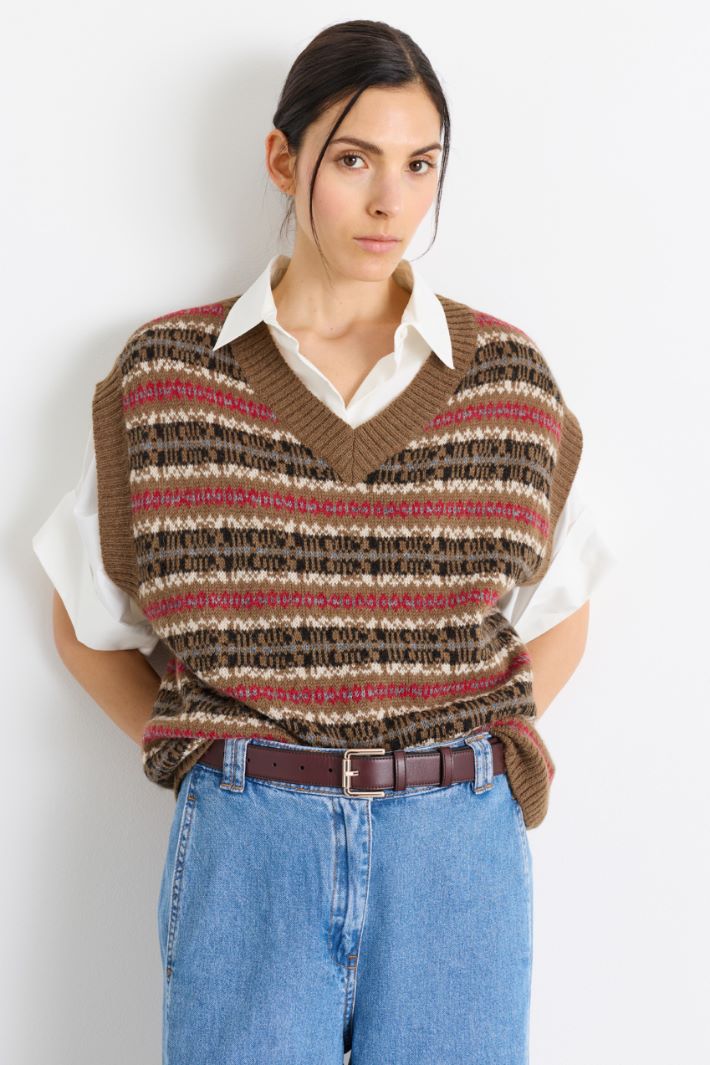 Jacquard-knit gilet - BROWN - Intrend - 2