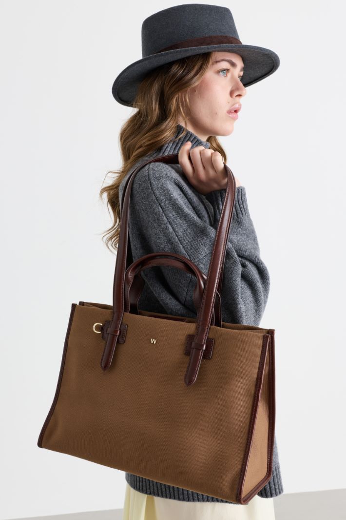 Canvas and leather tote bag - BROWN - Intrend - 5