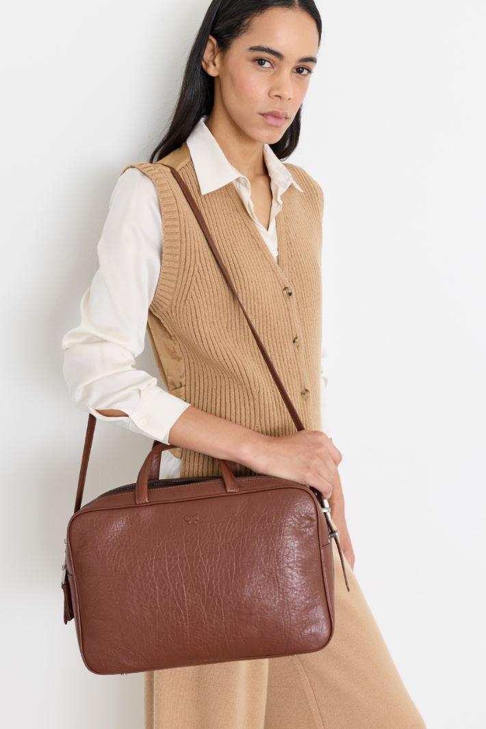 Tumbled Leather Bowling Bag - BROWN - Intrend - 5