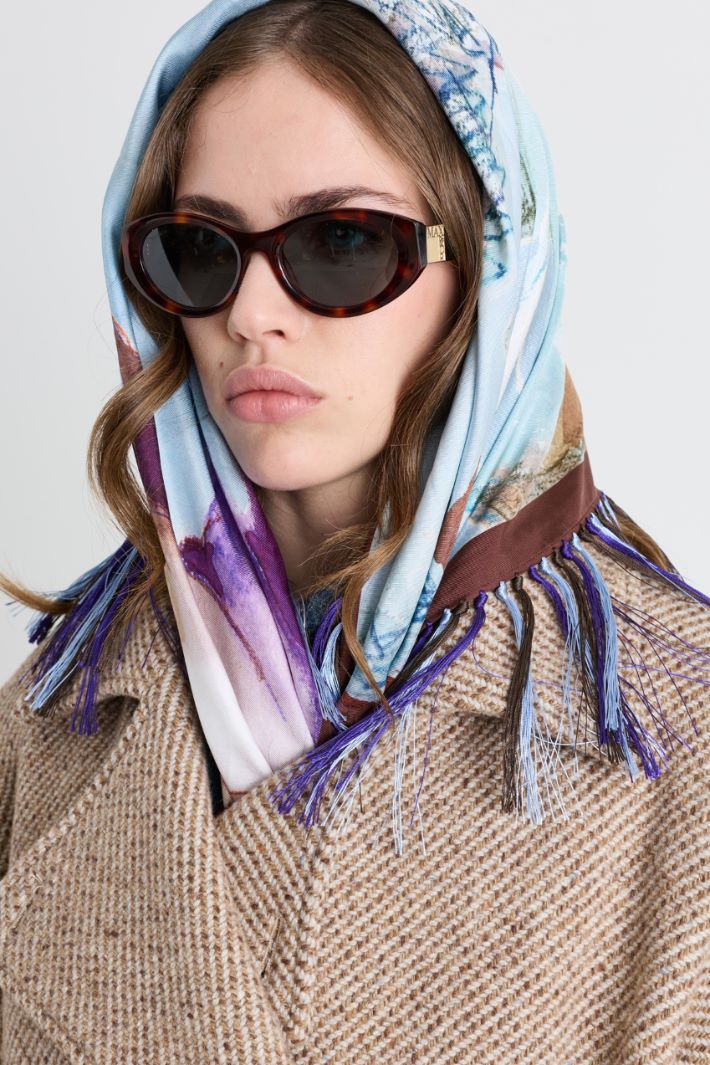 Fringed printed scarf - BROWN LIGHT BLUE - Intrend - 2