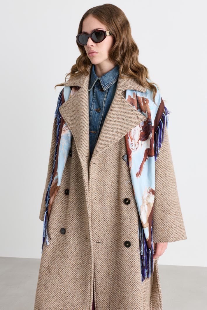 Fringed printed scarf - BROWN LIGHT BLUE - Intrend