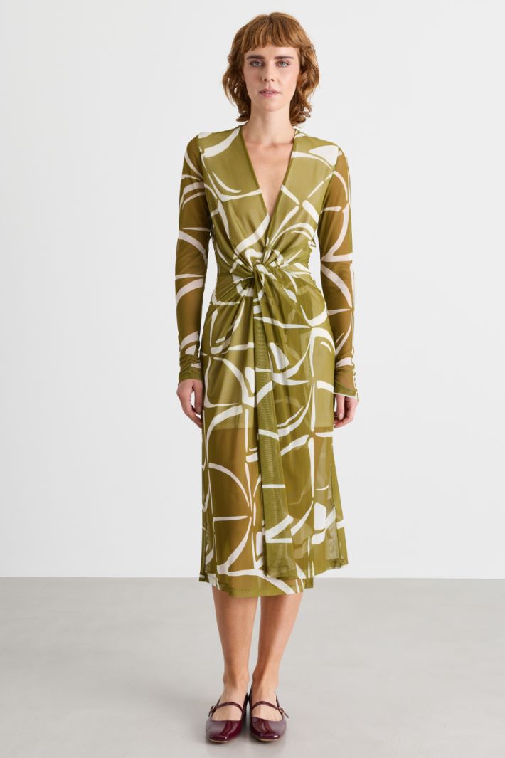 Knotted Tulle Jersey Dress - GREEN - Intrend - 2