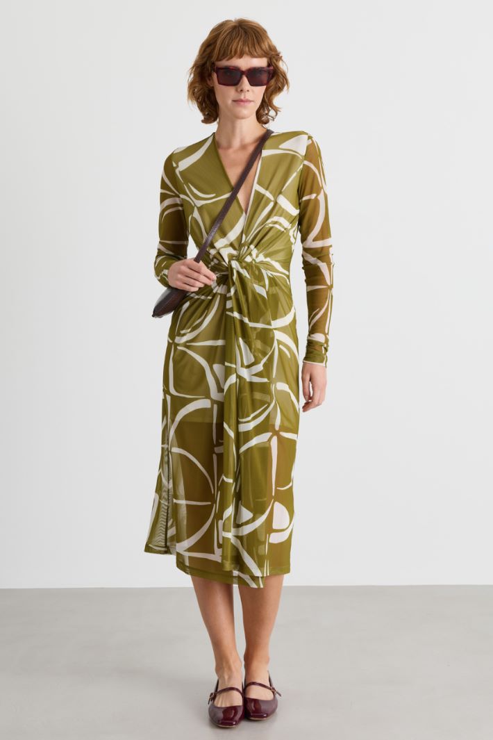 Knotted Tulle Jersey Dress - GREEN - Intrend