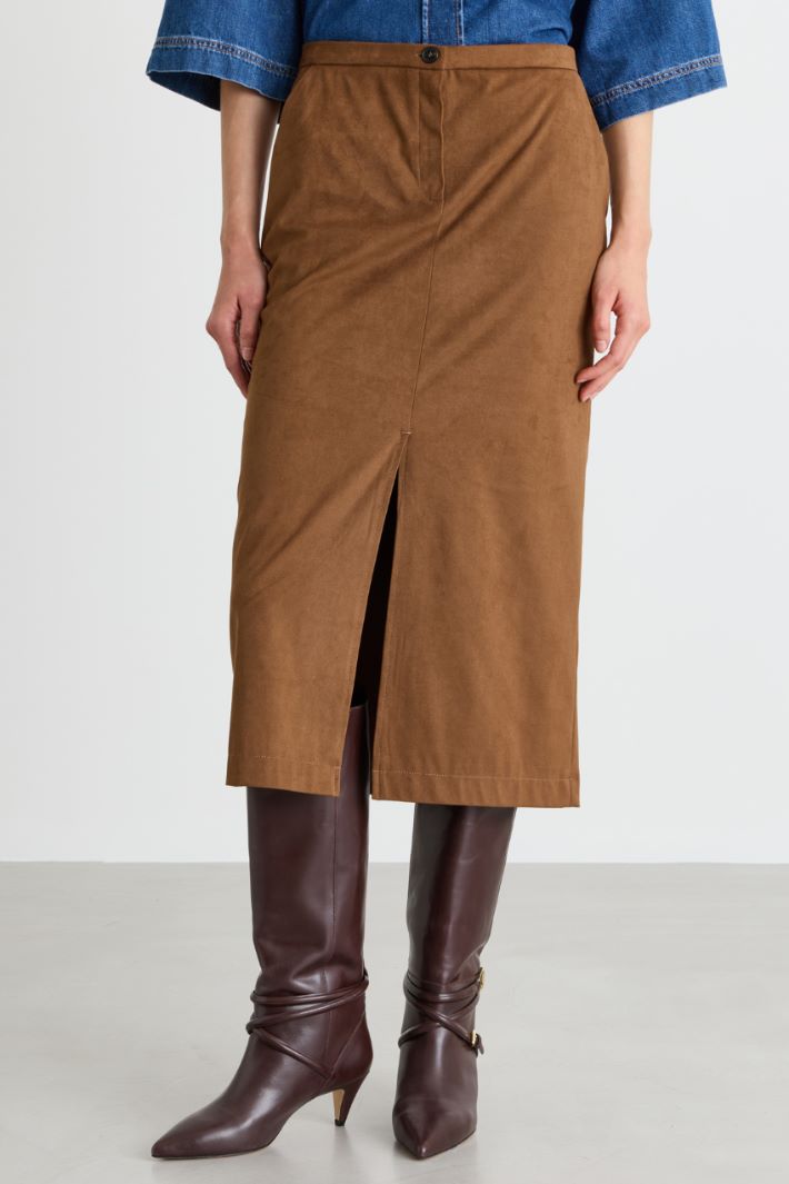 Straight-Fit Skirt with Central Slits - BROWN - Intrend - 2
