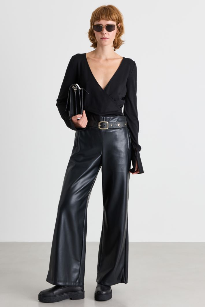 Straight coated jersey trousers - BLACK - Intrend