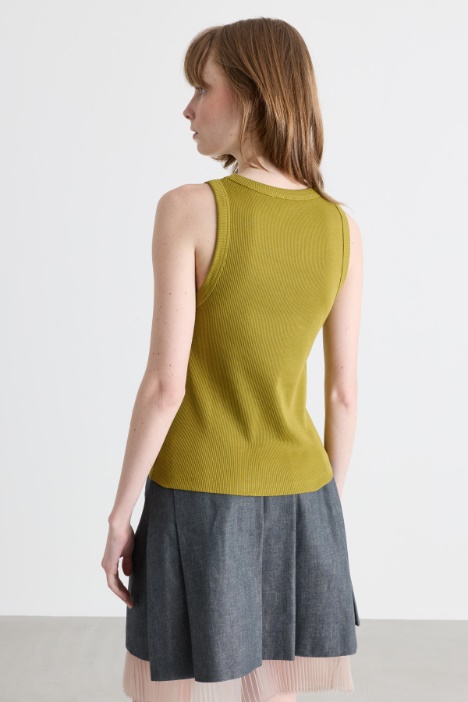 Top smanicato in jersey di cotone stretch a coste