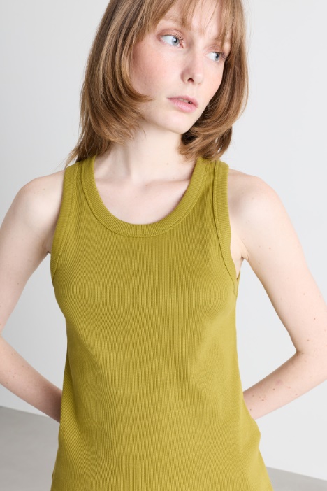 Top smanicato in jersey di cotone stretch a coste