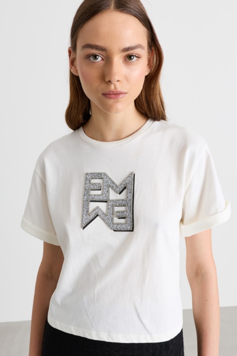 T-shirt in jersey di puro cotone con cristalli
