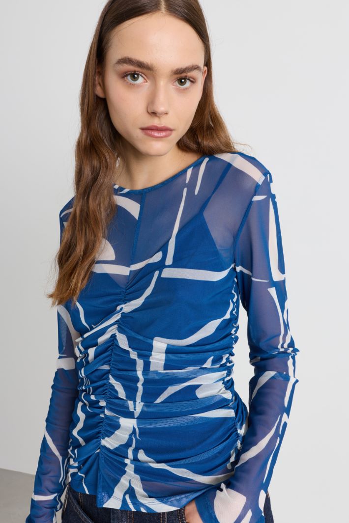 T-shirt in jersey tulle - BLU BIANCO - Intrend - 3