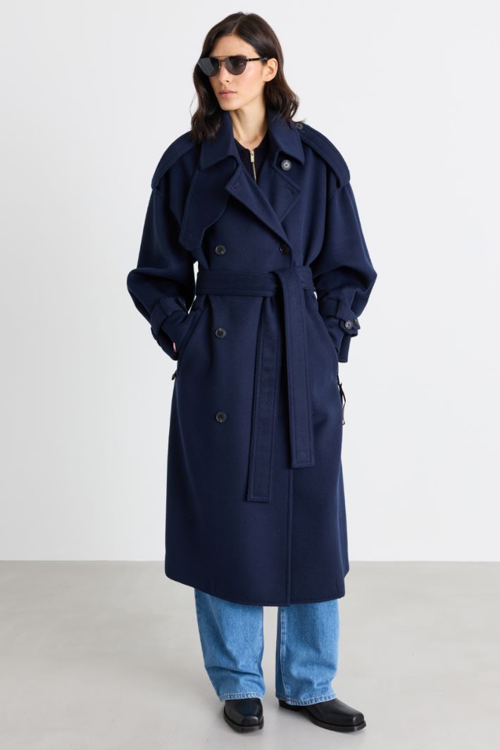 Trench-coat croisé en double drap de laine - BLEU - Intrend - 2