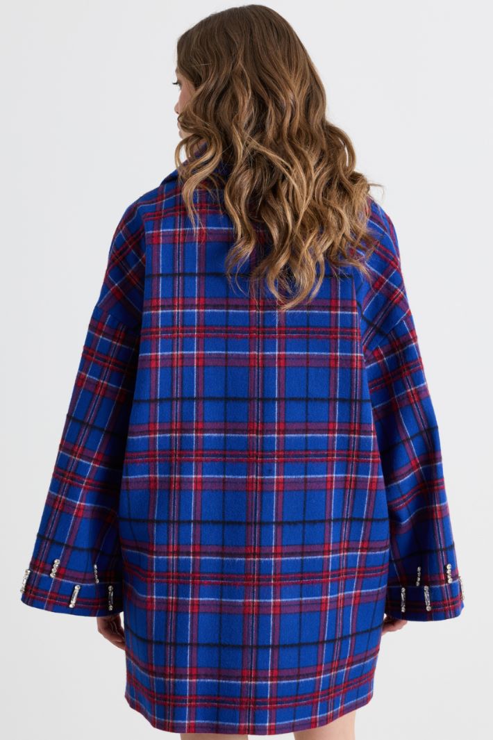 Tartan short double-breasted wool coat with rhinestones - BLUE RED - Intrend - 4