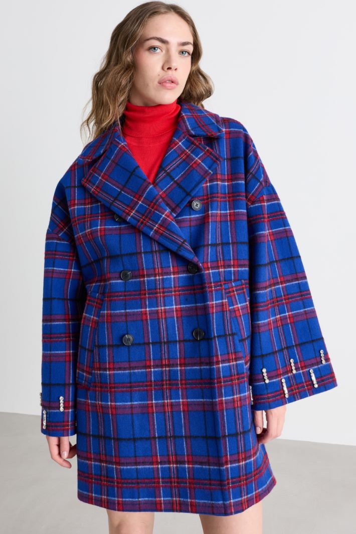 Tartan short double-breasted wool coat with rhinestones - BLUE RED - Intrend - 2