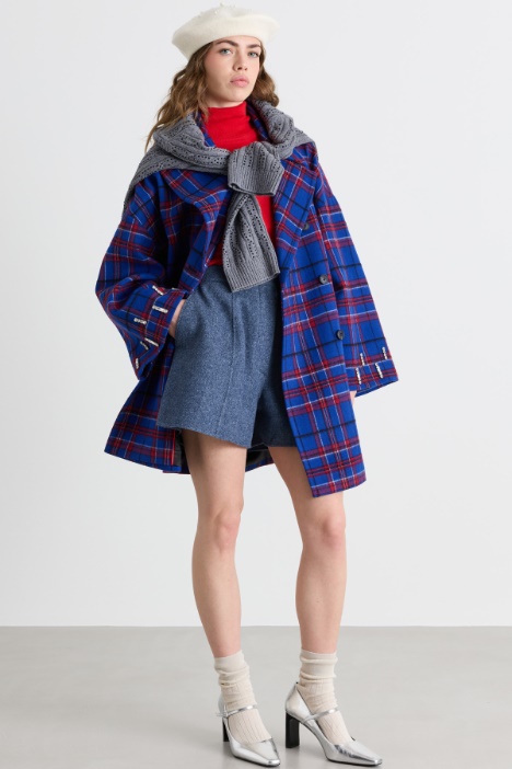 Tartan short double-breasted wool coat with rhinestones - Intrend