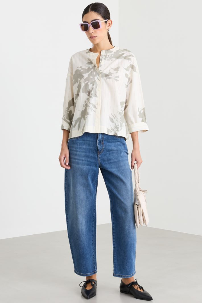Round-neck poplin shirt - WHITE GREEN - Intrend
