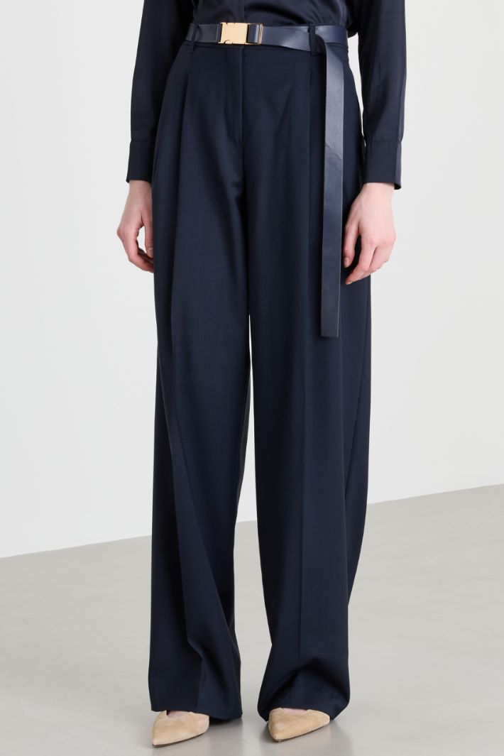 Wide-leg wool trousers with a long coated-fabric belt - BLUE - Intrend - 2