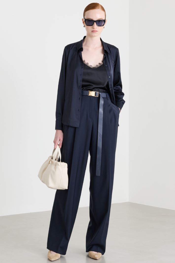 Wide-leg wool trousers with a long coated-fabric belt - BLUE - Intrend