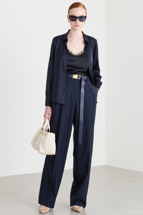Wide-leg wool trousers with a long coated-fabric belt - Intrend