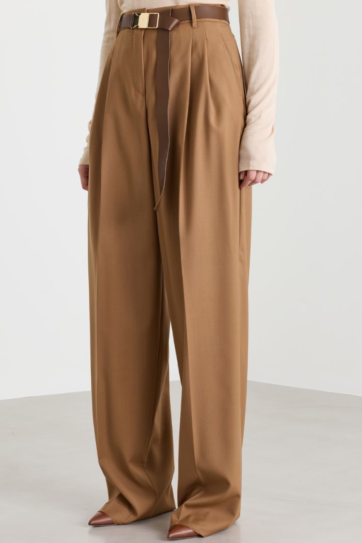 Wide-leg wool trousers with a long coated-fabric belt - CAMEL - Intrend - 2