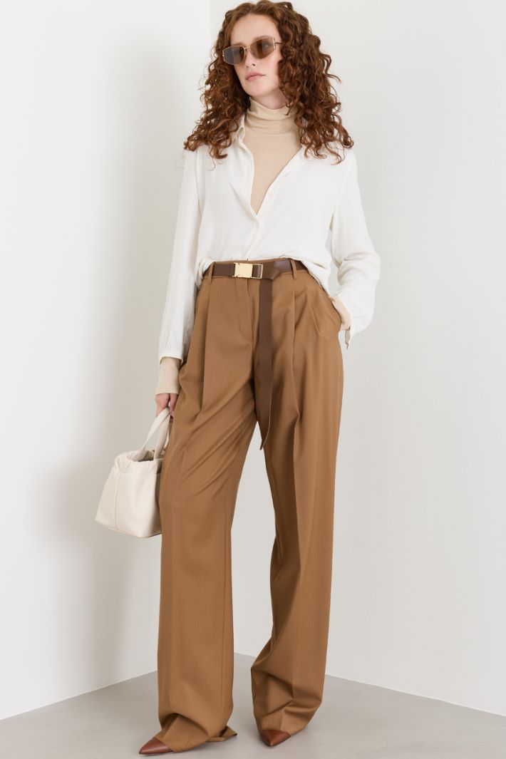 Wide-leg wool trousers with a long coated-fabric belt - CAMEL - Intrend