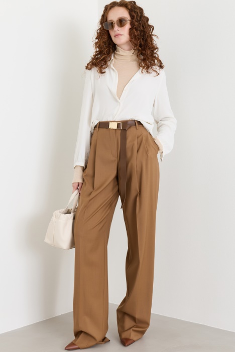 Wide-leg wool trousers with a long coated-fabric belt - Intrend