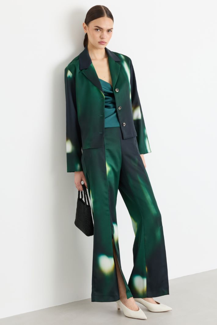Printed satin trousers with front slits - GREEN - Intrend