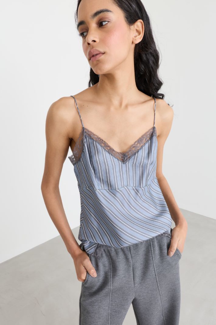 Top in twill con dettagli in pizzo - AZZURRO - Intrend - 3