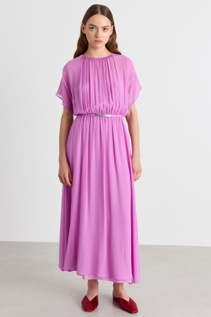 Pure Silk Georgette Dress with Removable Sash - PINK - Intrend - 2