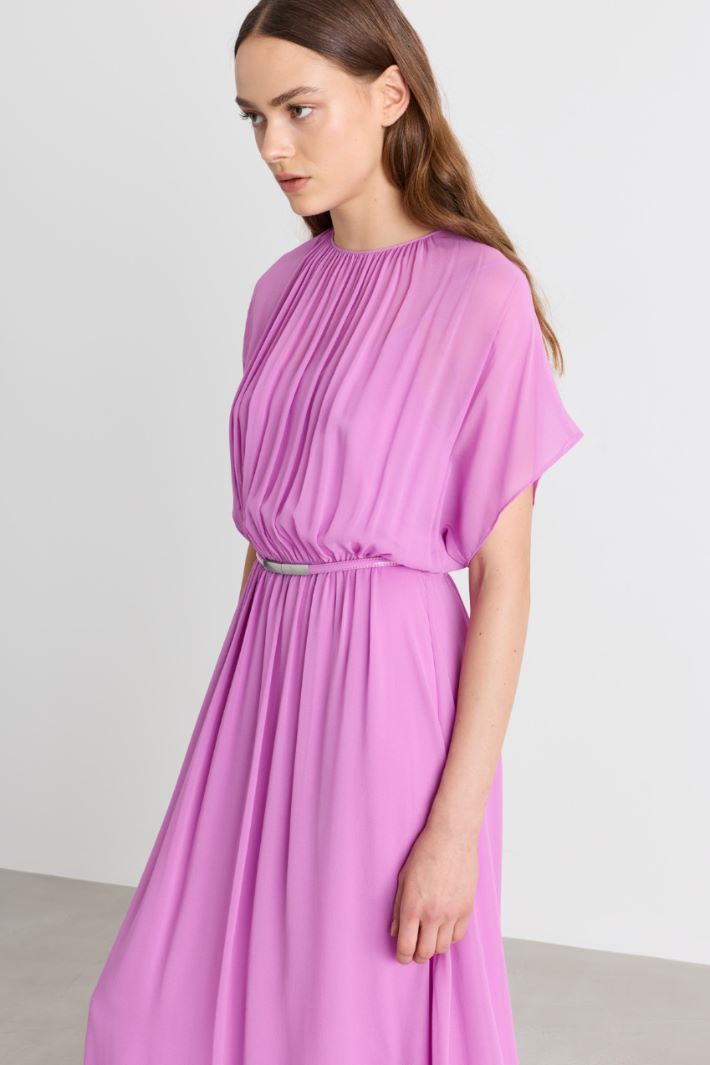 Pure Silk Georgette Dress with Removable Sash - PINK - Intrend - 3