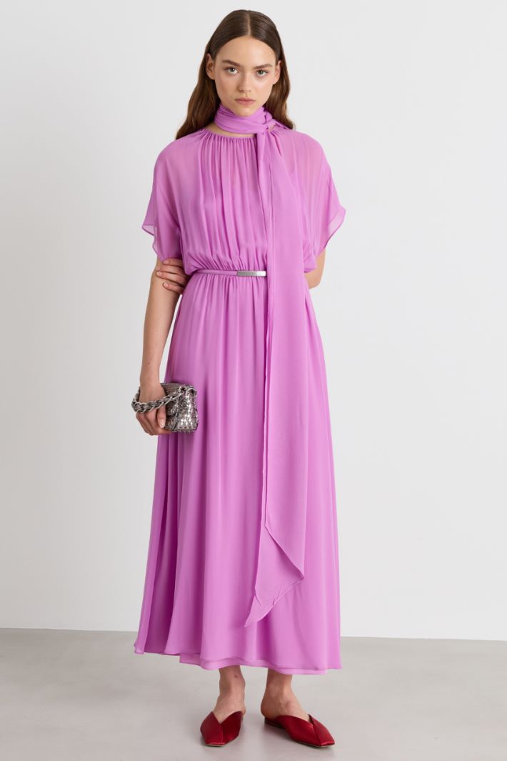 Pure Silk Georgette Dress with Removable Sash - PINK - Intrend