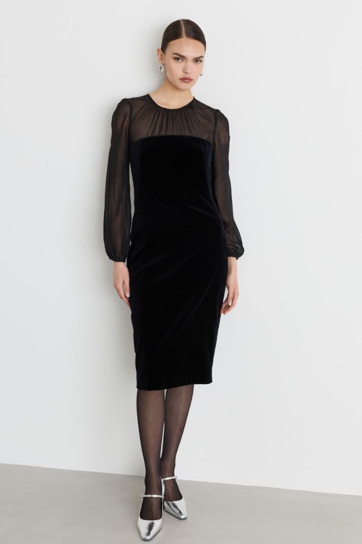 Abito in velluto e georgette - NERO - Intrend - 2