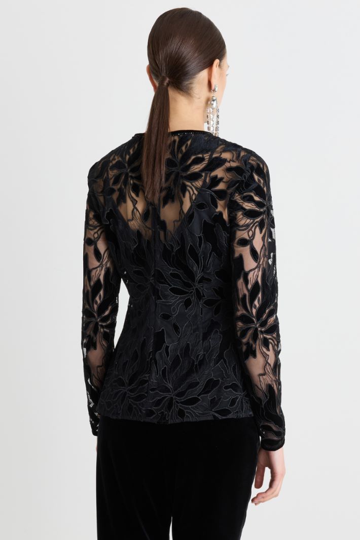 Velvet-Embroidered Tulle Blouse - BLACK - Intrend - 4