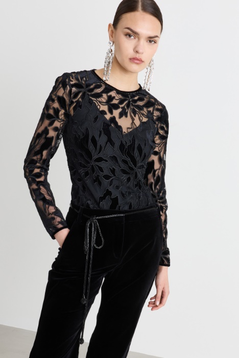 Velvet-Embroidered Tulle Blouse - Intrend