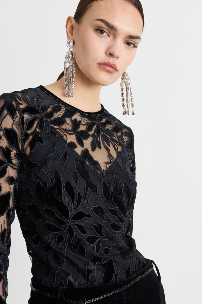Velvet-Embroidered Tulle Blouse - BLACK - Intrend - 3