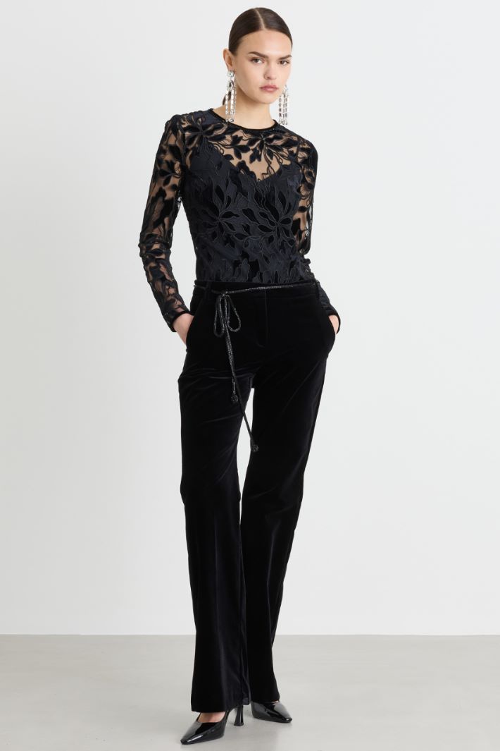 Velvet-Embroidered Tulle Blouse - BLACK - Intrend