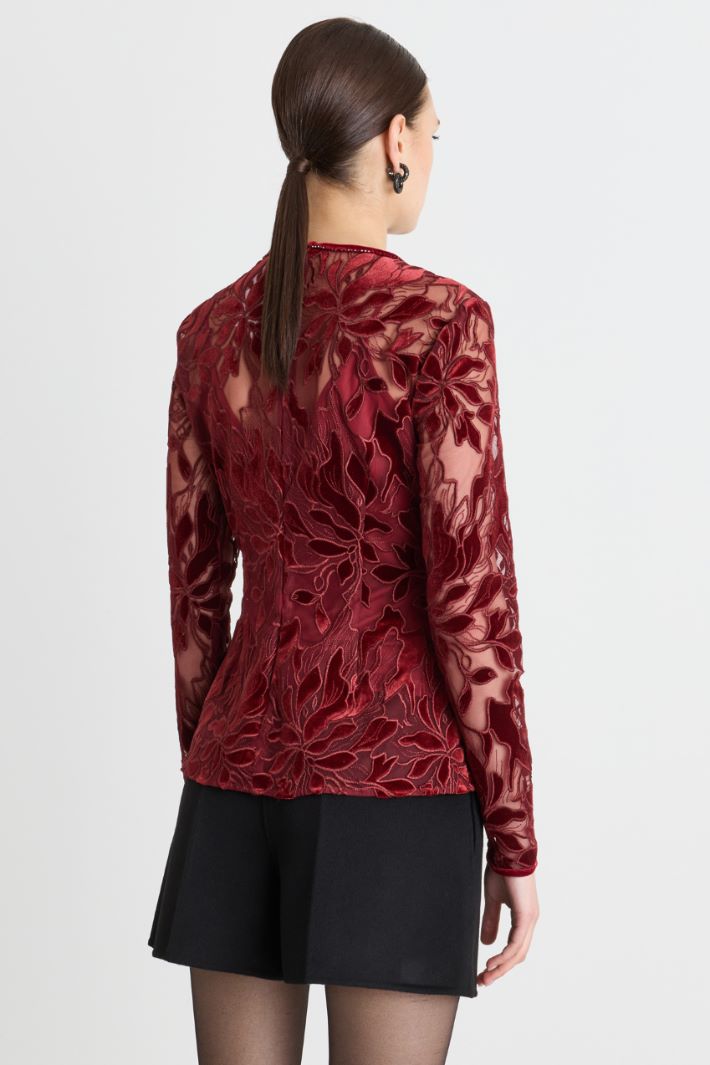 Velvet-Embroidered Tulle Blouse - RED - Intrend - 4