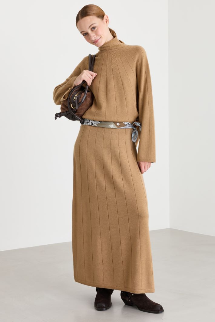 Flat-ribbed wool skirt - CAMEL - Intrend