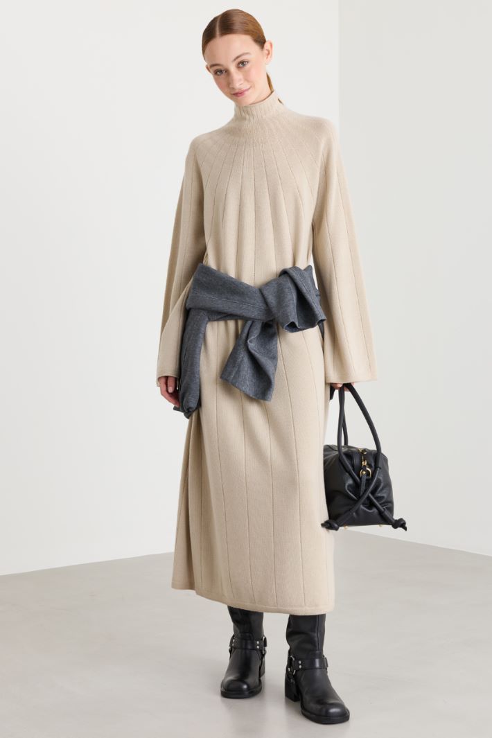 Long flat-rib knit dress - BEIGE - Intrend
