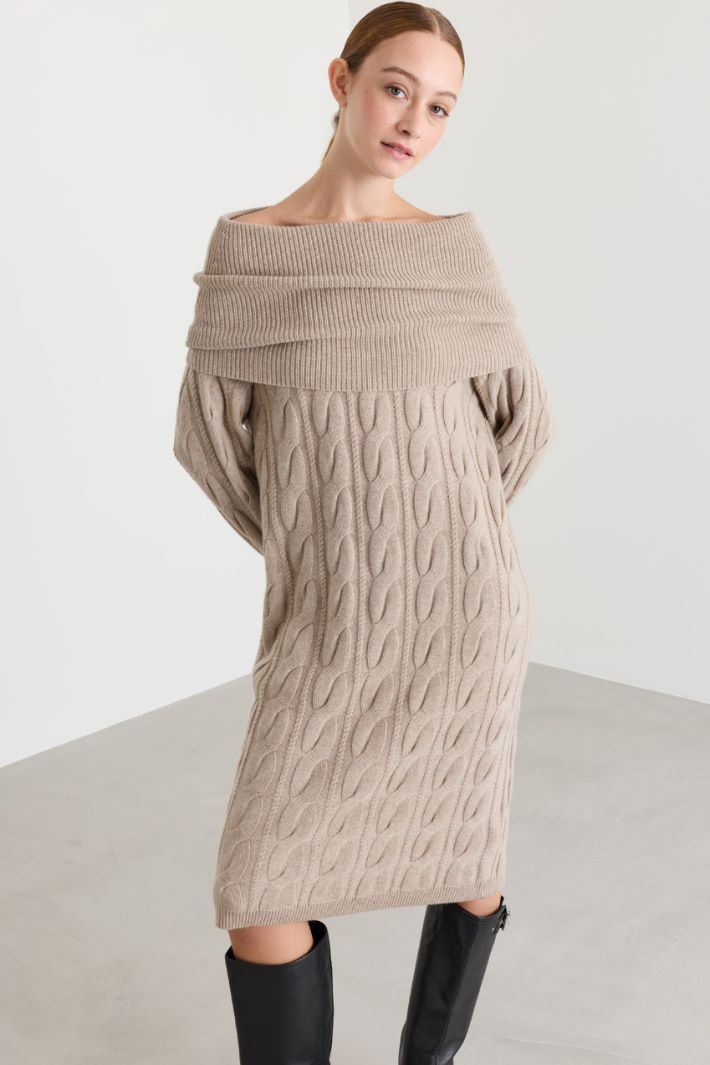 Off-the-shoulder cable-knit dress - BEIGE - Intrend - 2
