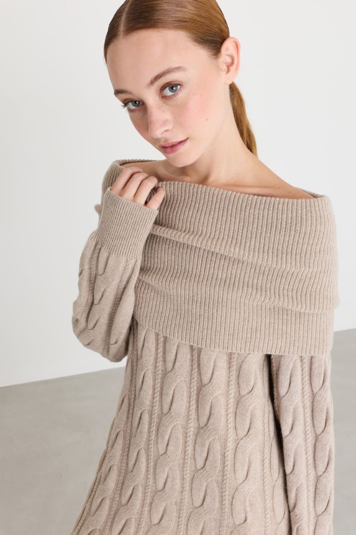 Off-the-shoulder cable-knit dress - BEIGE - Intrend - 3